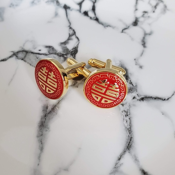 Chinese groom double happiness round cufflinks cufflink Groomsmen wedding gift - Picture 7 of 8